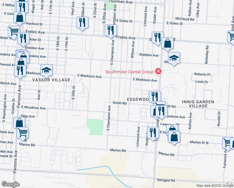 map of restaurants, bars, coffee shops, grocery stores, and more near 1779 Oakwood Avenue in Columbus