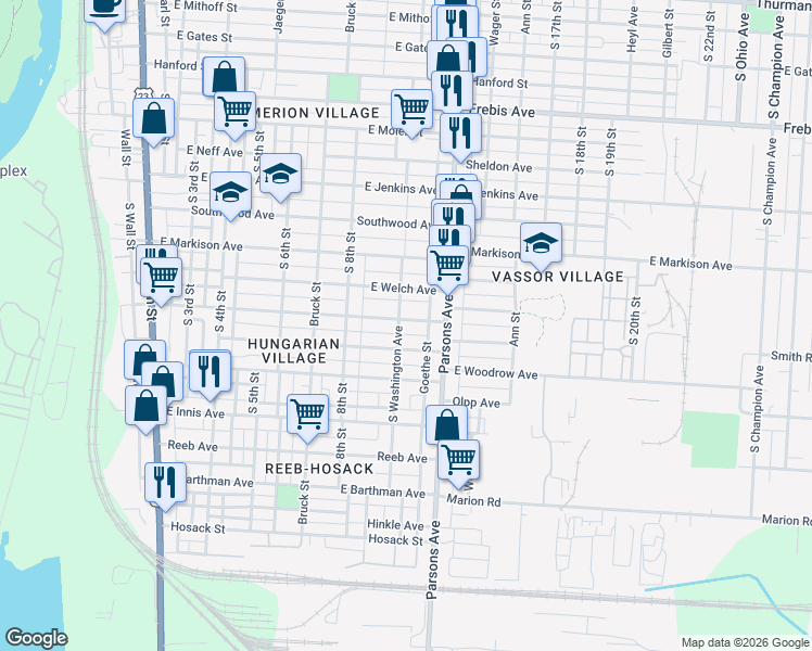 map of restaurants, bars, coffee shops, grocery stores, and more near 1694 South Washington Avenue in Columbus