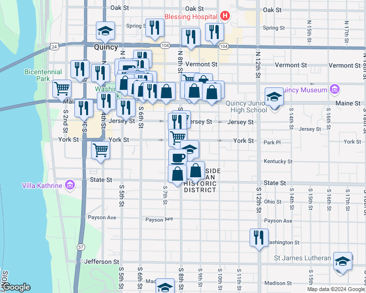 map of restaurants, bars, coffee shops, grocery stores, and more near 327 South 8th Street in Quincy