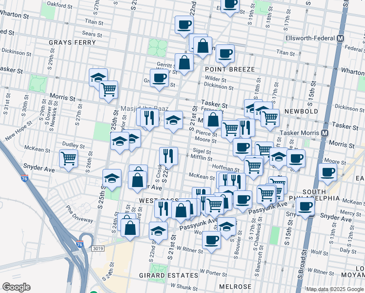 map of restaurants, bars, coffee shops, grocery stores, and more near 2115 Sigel Street in Philadelphia