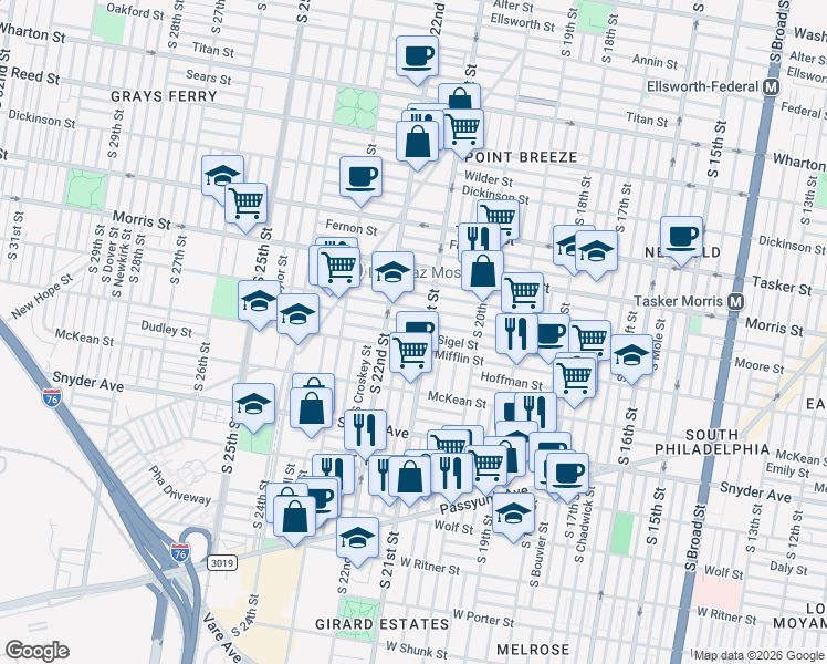 map of restaurants, bars, coffee shops, grocery stores, and more near 2129 Mifflin Street in Philadelphia