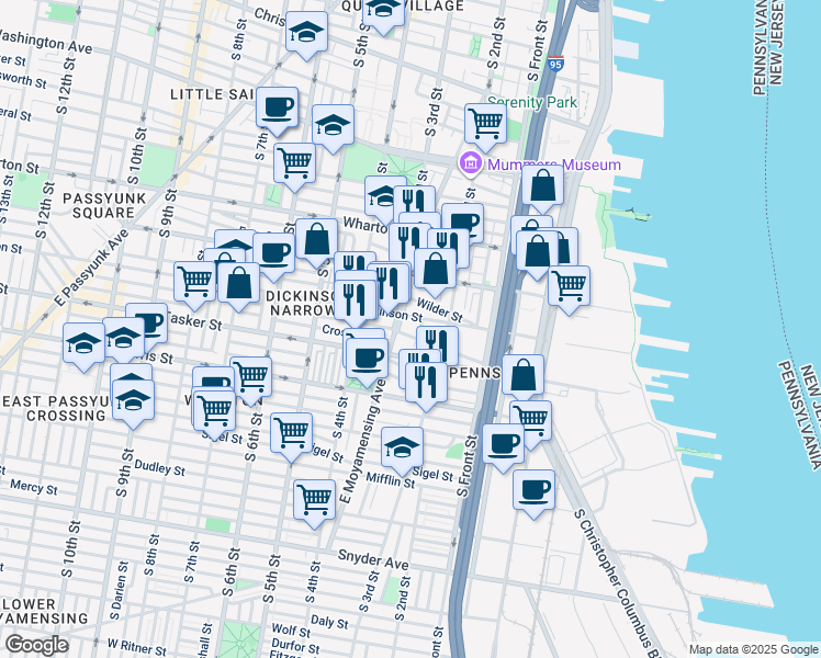 map of restaurants, bars, coffee shops, grocery stores, and more near 245 Greenwich Street in Philadelphia
