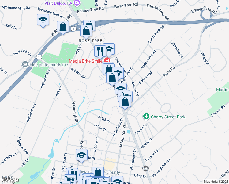map of restaurants, bars, coffee shops, grocery stores, and more near 894 North Providence Road in Media