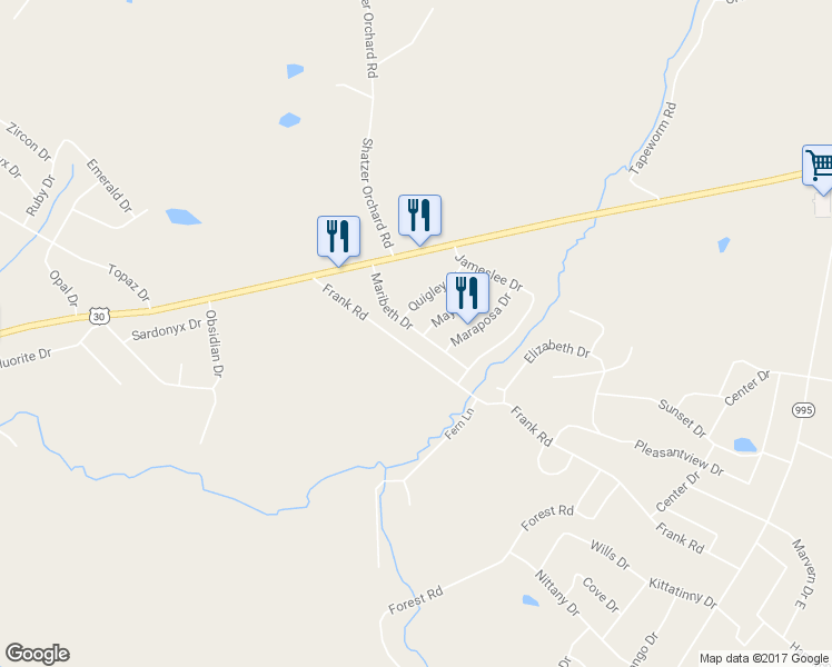 map of restaurants, bars, coffee shops, grocery stores, and more near 61 Maribeth Drive in Chambersburg