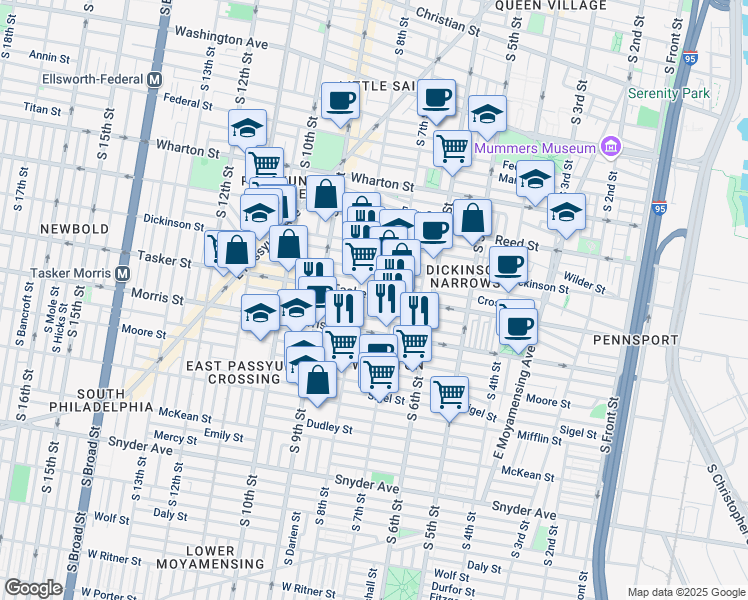 map of restaurants, bars, coffee shops, grocery stores, and more near 1619 South Beulah Street in Philadelphia