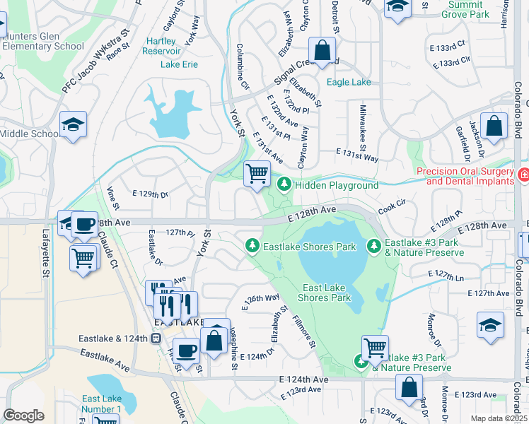 map of restaurants, bars, coffee shops, grocery stores, and more near 12802 Columbine Circle in Thornton