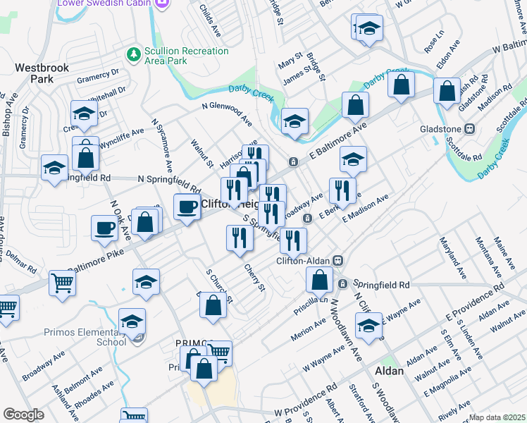 map of restaurants, bars, coffee shops, grocery stores, and more near 36 East Washington Avenue in Clifton Heights