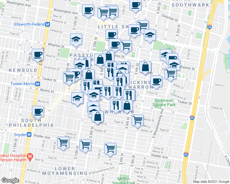 map of restaurants, bars, coffee shops, grocery stores, and more near 722 Tasker Street in Philadelphia