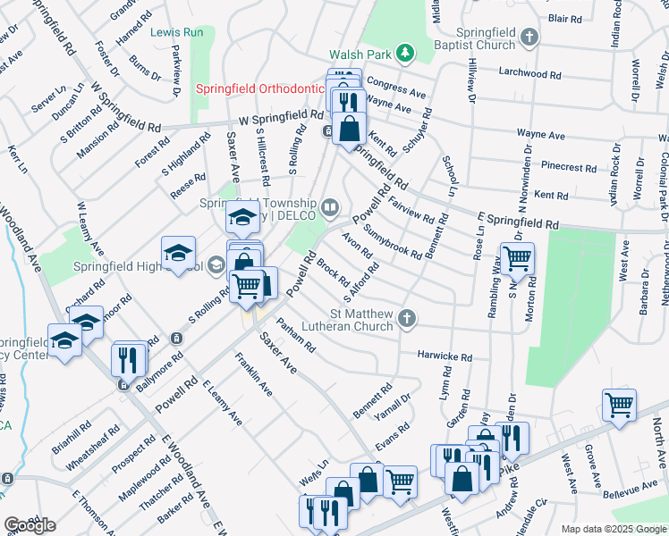 map of restaurants, bars, coffee shops, grocery stores, and more near 225 Brock Road in Springfield