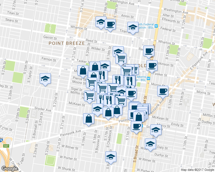 map of restaurants, bars, coffee shops, grocery stores, and more near 1733 Moore Street in Philadelphia