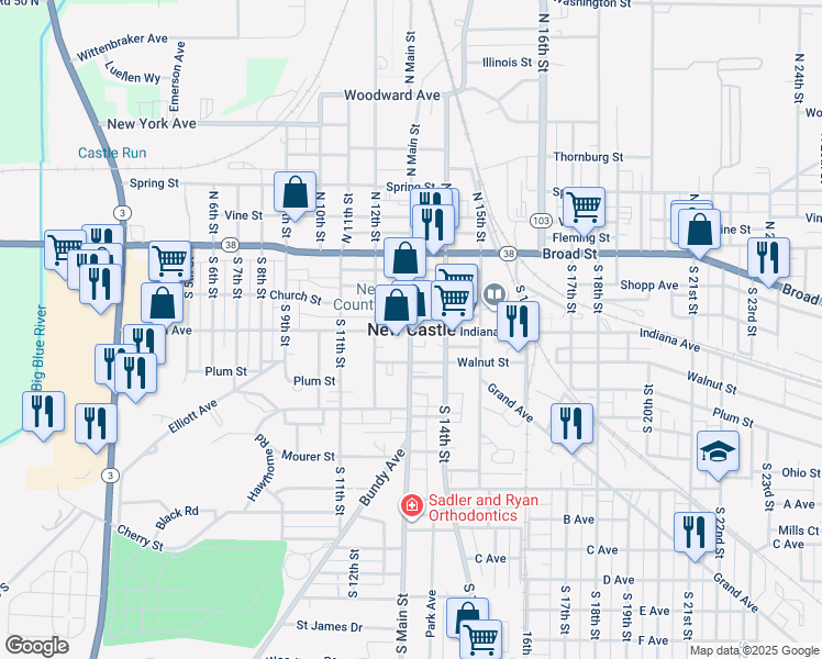 map of restaurants, bars, coffee shops, grocery stores, and more near in New Castle