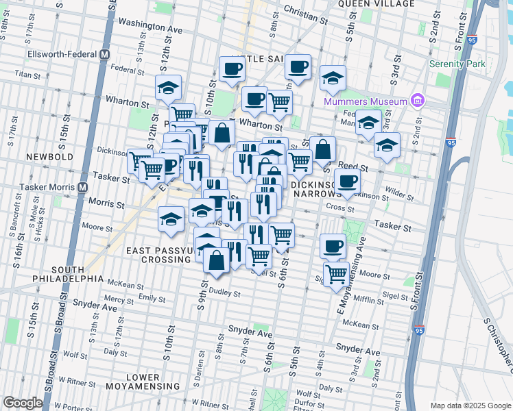 map of restaurants, bars, coffee shops, grocery stores, and more near 720 Tasker Street in Philadelphia