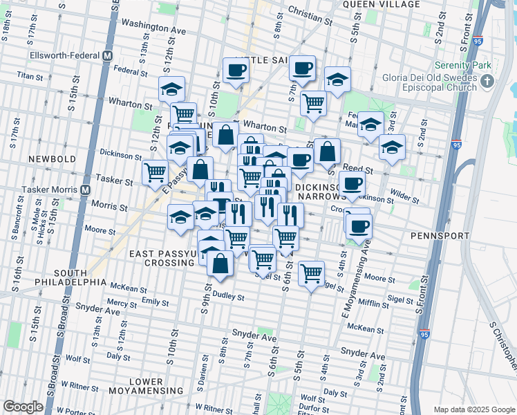 map of restaurants, bars, coffee shops, grocery stores, and more near 724 Tasker Street in Philadelphia