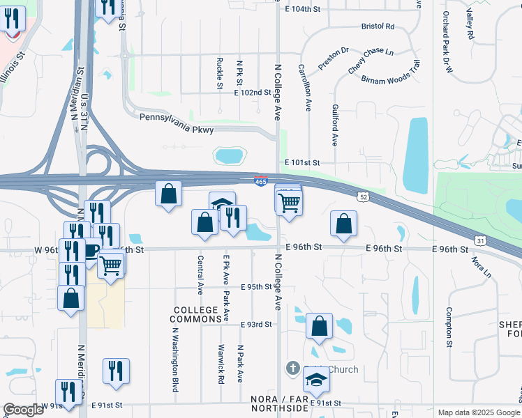 map of restaurants, bars, coffee shops, grocery stores, and more near 600 East 96th Street in Indianapolis