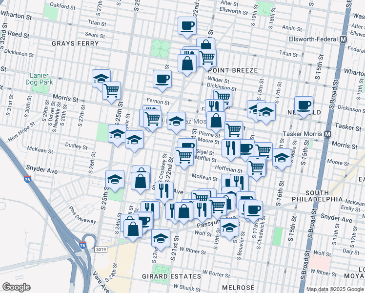 map of restaurants, bars, coffee shops, grocery stores, and more near 2129 Mifflin Street in Philadelphia