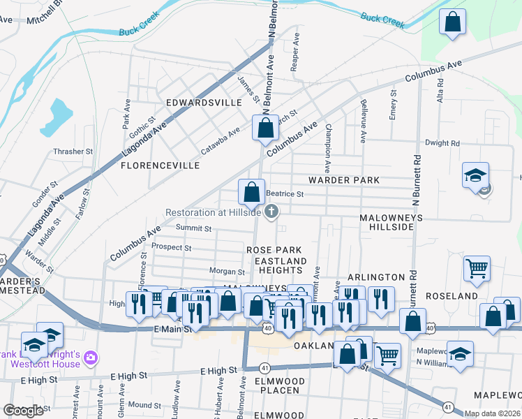 map of restaurants, bars, coffee shops, grocery stores, and more near 602 North Belmont Avenue in Springfield