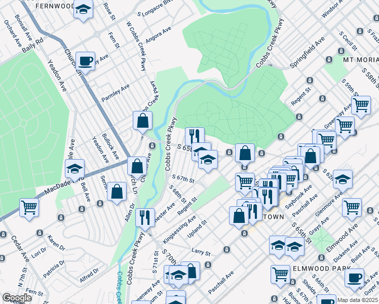map of restaurants, bars, coffee shops, grocery stores, and more near 1752 South 65th Street in Philadelphia