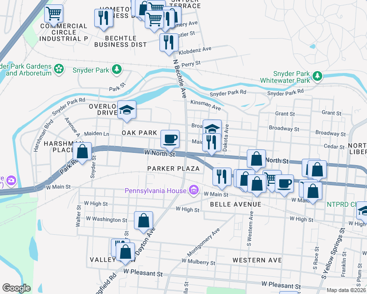 map of restaurants, bars, coffee shops, grocery stores, and more near 1400-1412 W North St in Springfield