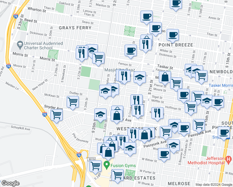 map of restaurants, bars, coffee shops, grocery stores, and more near 1848 Point Breeze Avenue in Philadelphia