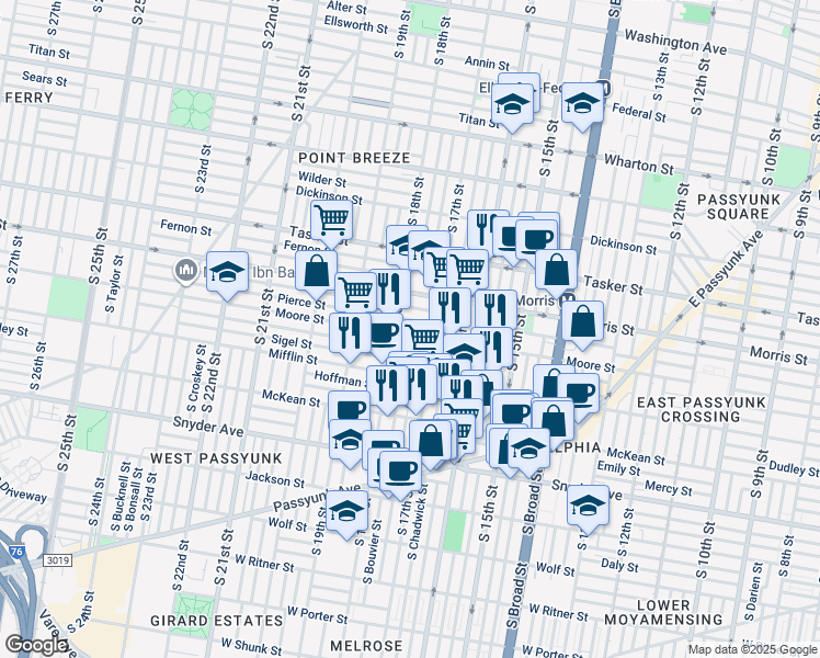 map of restaurants, bars, coffee shops, grocery stores, and more near 1733 Moore Street in Philadelphia