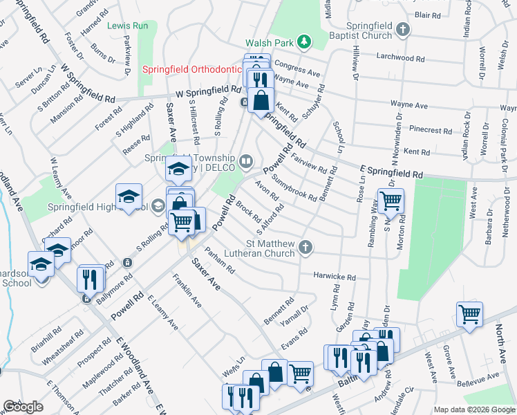 map of restaurants, bars, coffee shops, grocery stores, and more near 86 South Alford Road in Springfield