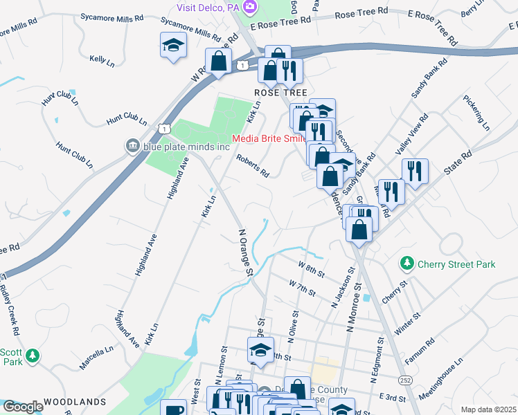 map of restaurants, bars, coffee shops, grocery stores, and more near 112 West Ridge Road in Media