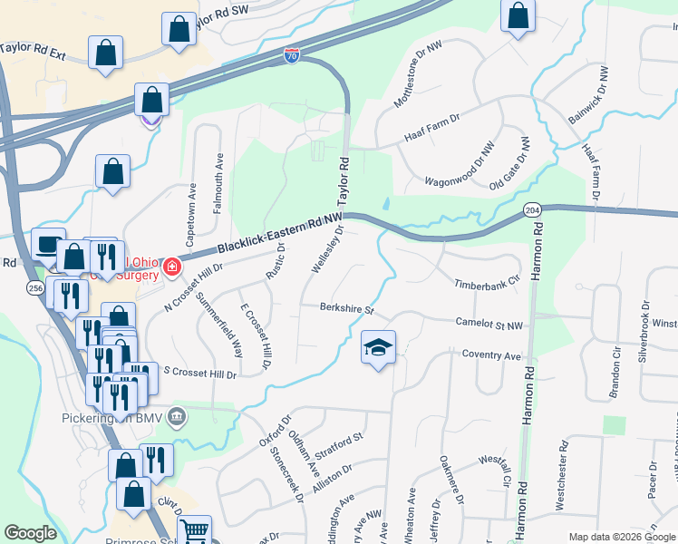 map of restaurants, bars, coffee shops, grocery stores, and more near 13292 Sandover Place in Pickerington