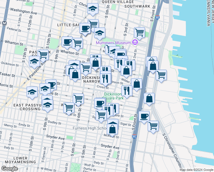 map of restaurants, bars, coffee shops, grocery stores, and more near 1517 South 4th Street in Philadelphia