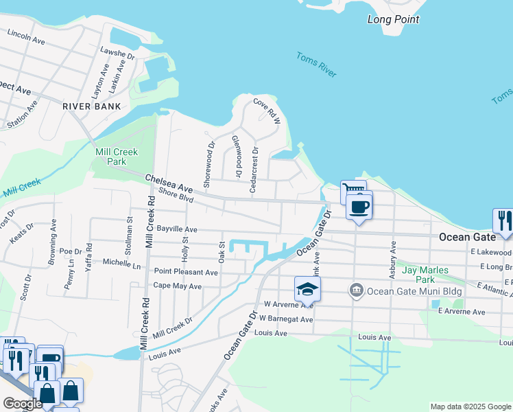 map of restaurants, bars, coffee shops, grocery stores, and more near 263 Shore Boulevard in Berkeley Township