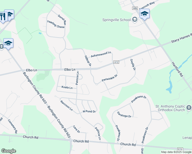 map of restaurants, bars, coffee shops, grocery stores, and more near 9 Periwinkle Drive in Mount Laurel Township