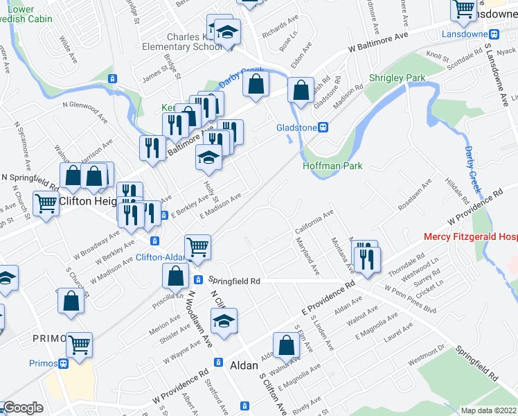 map of restaurants, bars, coffee shops, grocery stores, and more near 137 West Maryland Avenue in Clifton Heights