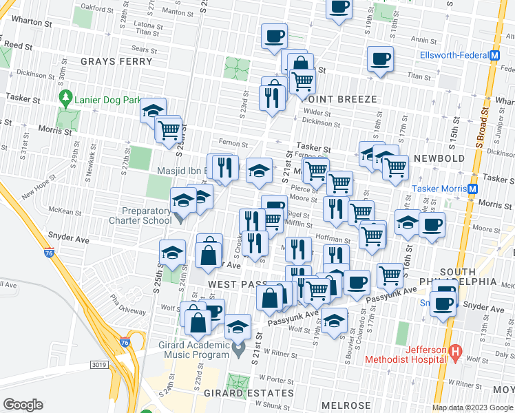 map of restaurants, bars, coffee shops, grocery stores, and more near 1829 South 22nd Street in Philadelphia