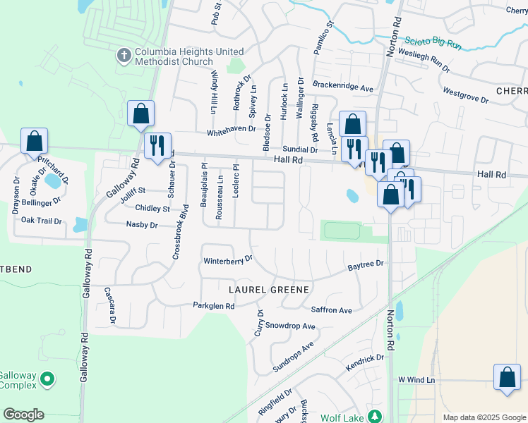 map of restaurants, bars, coffee shops, grocery stores, and more near 1105 Oslo Pass in Galloway