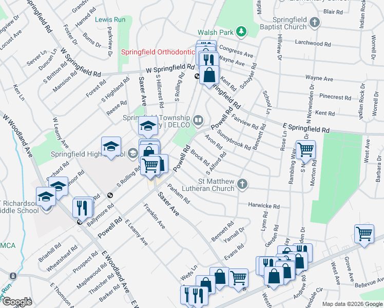 map of restaurants, bars, coffee shops, grocery stores, and more near 221 Lynbrooke Road in Springfield