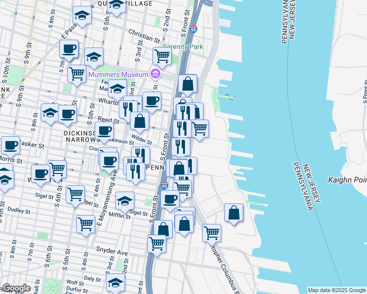 map of restaurants, bars, coffee shops, grocery stores, and more near 1500 South Christopher Columbus Boulevard in Philadelphia