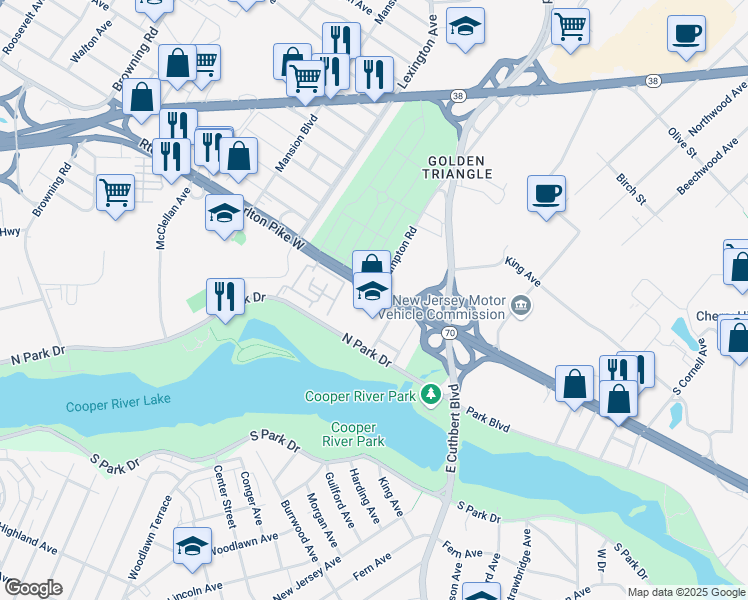 map of restaurants, bars, coffee shops, grocery stores, and more near 2375 New Jersey 70 in Cherry Hill
