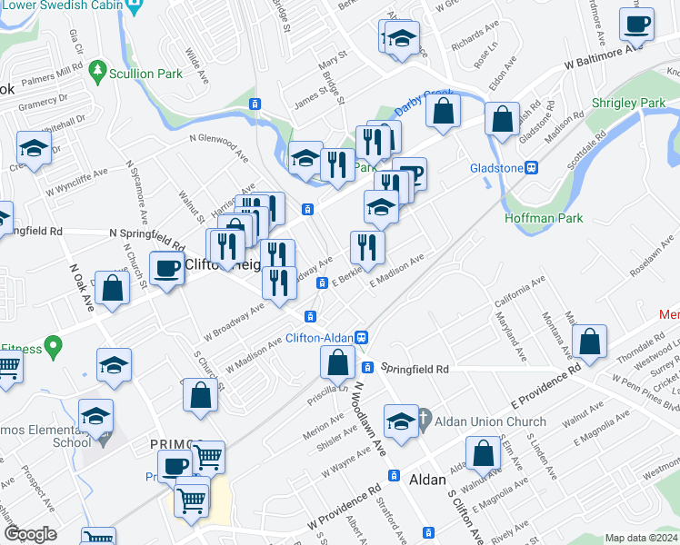 map of restaurants, bars, coffee shops, grocery stores, and more near 119 East Berkley Avenue in Clifton Heights