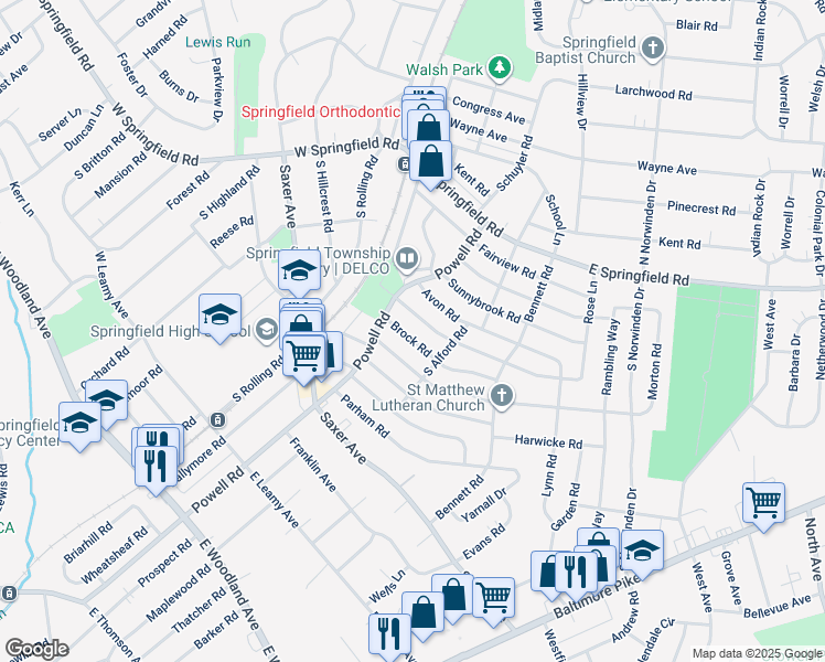 map of restaurants, bars, coffee shops, grocery stores, and more near 225 Brock Road in Springfield