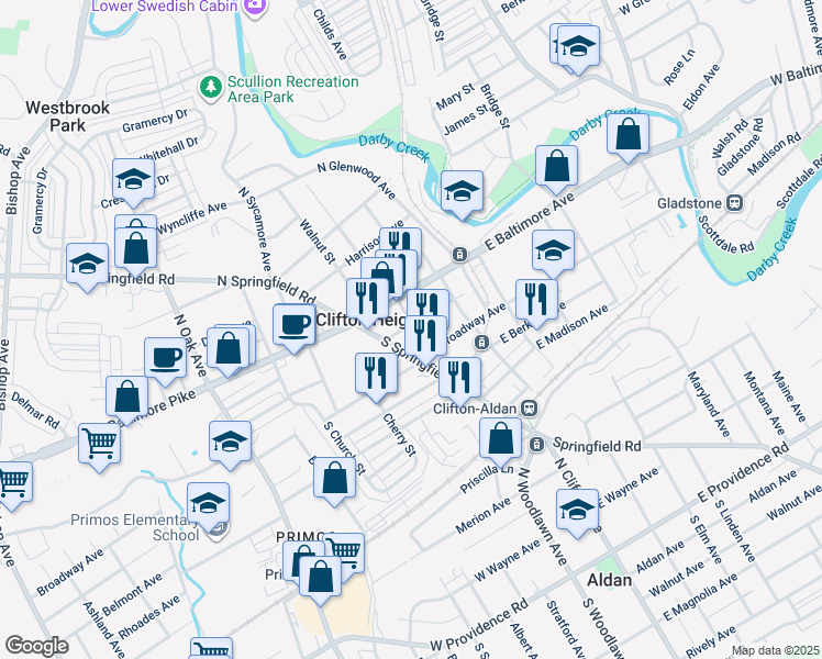 map of restaurants, bars, coffee shops, grocery stores, and more near 36 East Washington Avenue in Clifton Heights