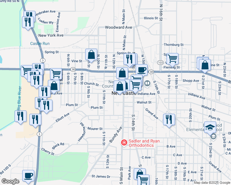 map of restaurants, bars, coffee shops, grocery stores, and more near 302 South 12th Street in New Castle