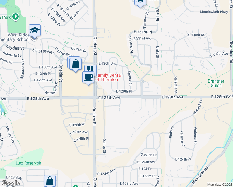 map of restaurants, bars, coffee shops, grocery stores, and more near 7620 East 129th Place in Thornton