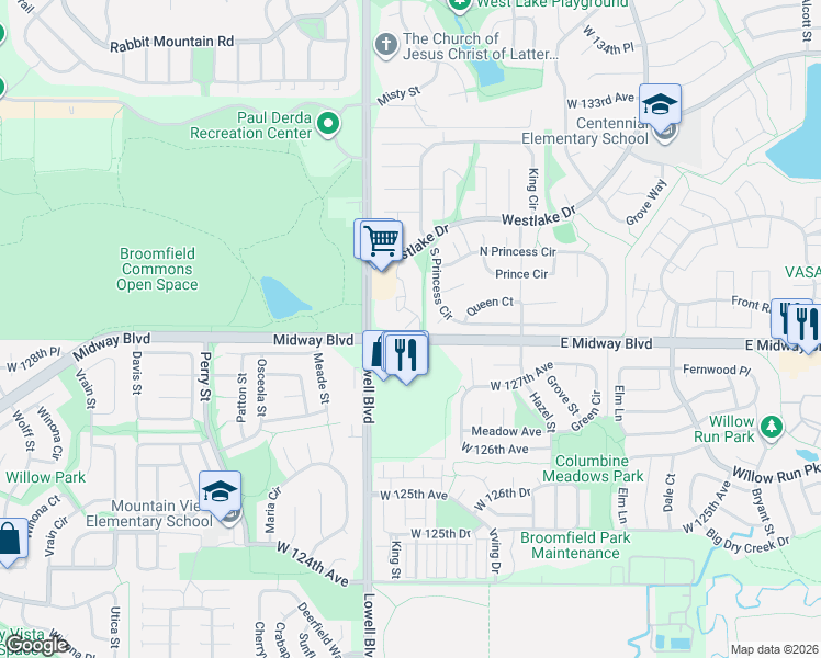 map of restaurants, bars, coffee shops, grocery stores, and more near 3550 East Midway Boulevard in Broomfield
