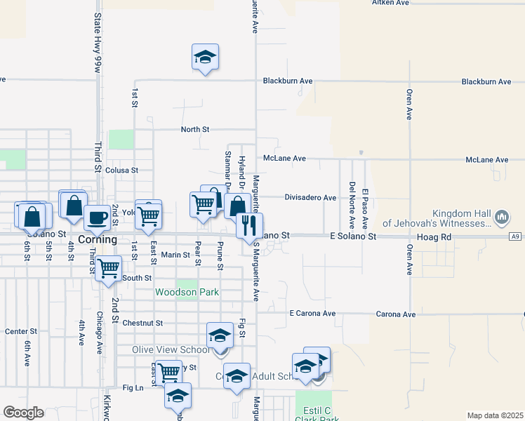 map of restaurants, bars, coffee shops, grocery stores, and more near 691 Marguerite Avenue in Corning