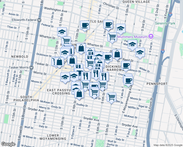 map of restaurants, bars, coffee shops, grocery stores, and more near 1619 South Beulah Street in Philadelphia