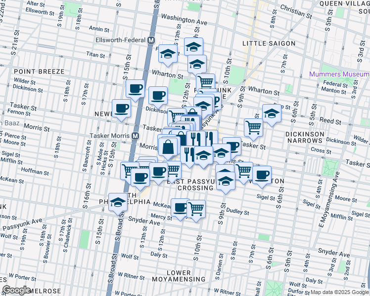 map of restaurants, bars, coffee shops, grocery stores, and more near 1623 South Jessup Street in Philadelphia