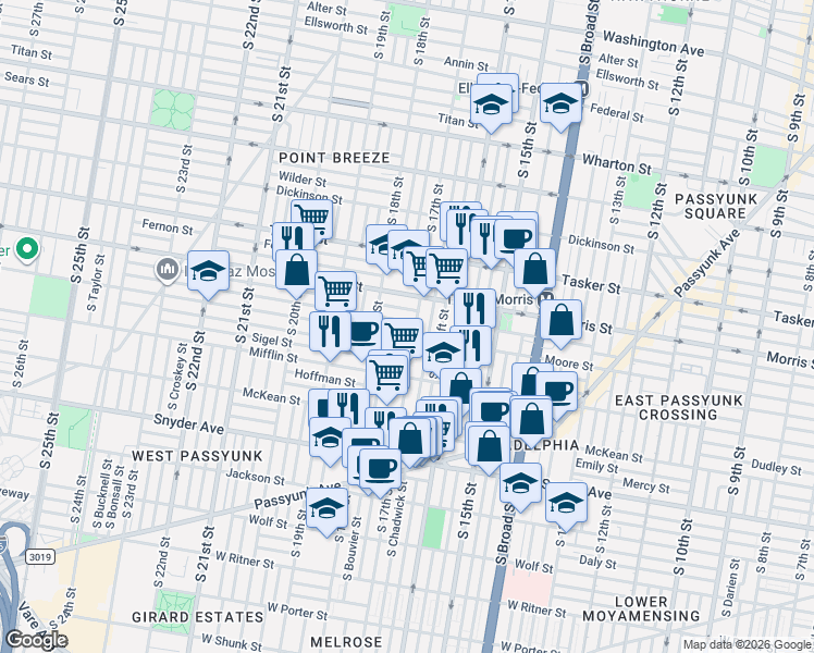 map of restaurants, bars, coffee shops, grocery stores, and more near 1804 South 17th Street in Philadelphia