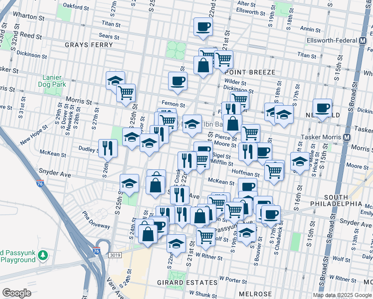 map of restaurants, bars, coffee shops, grocery stores, and more near 2220 Mifflin Street in Philadelphia