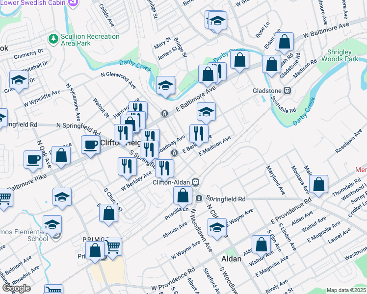 map of restaurants, bars, coffee shops, grocery stores, and more near 119 East Berkley Avenue in Clifton Heights