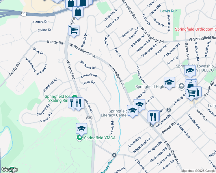 map of restaurants, bars, coffee shops, grocery stores, and more near 341 Kennerly Road in Springfield