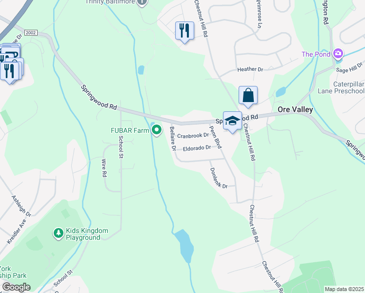 map of restaurants, bars, coffee shops, grocery stores, and more near 2520 Eldorado Drive in York